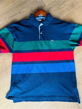Vintage 90's Tommy Hilfiger Men’s Navy, Green & Red Striped Polo